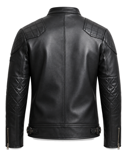 QUIVE London BROMPTON black leather biker jacket, rear studio view