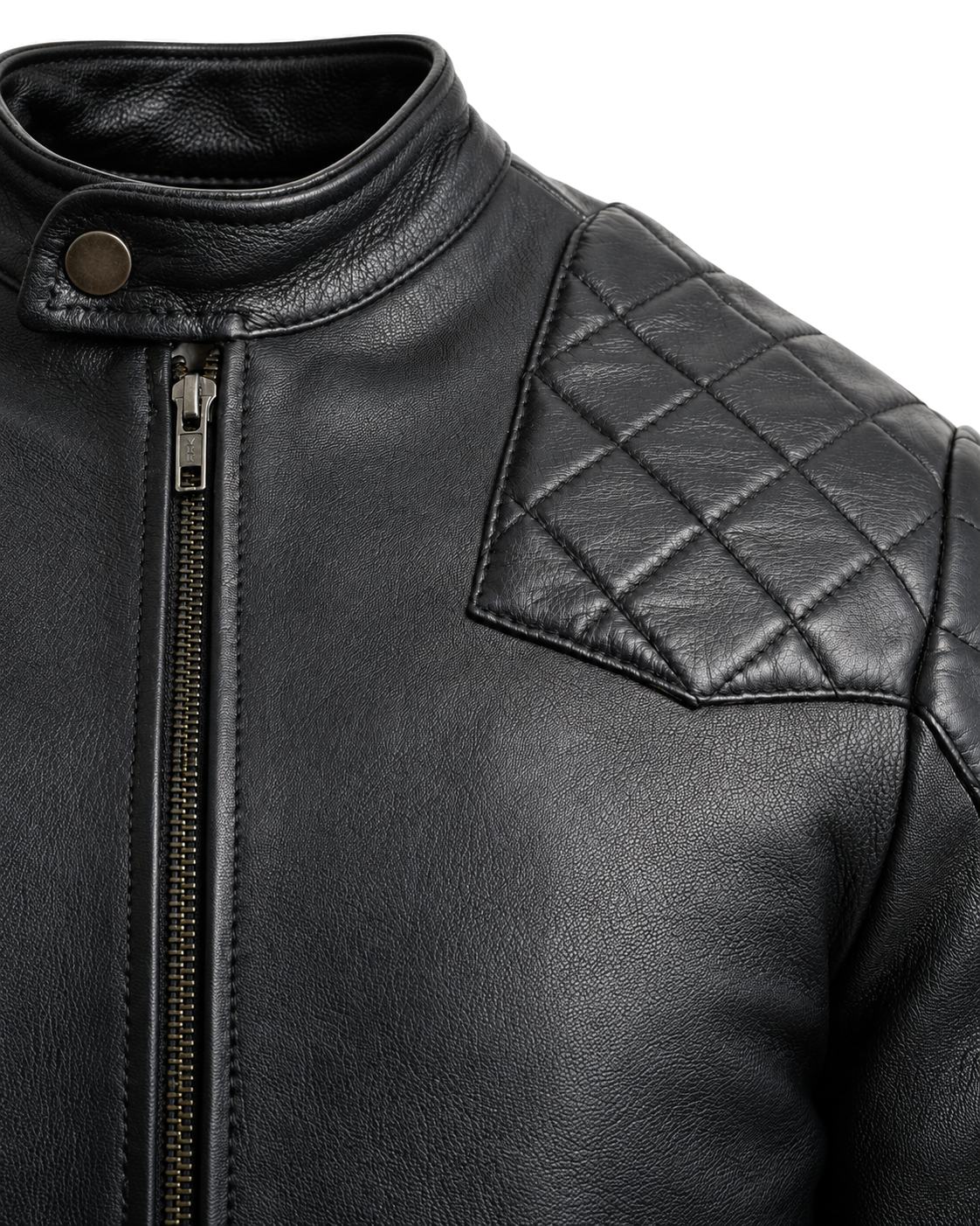 BROMPTON black leather jacket collar, zip and quilted shoulder detail