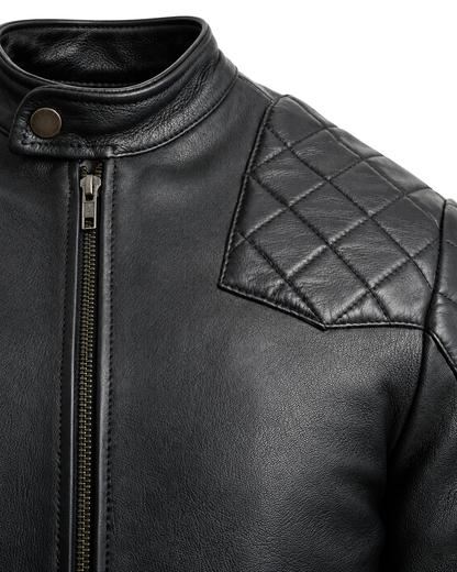 BROMPTON black leather jacket collar, zip and quilted shoulder detail