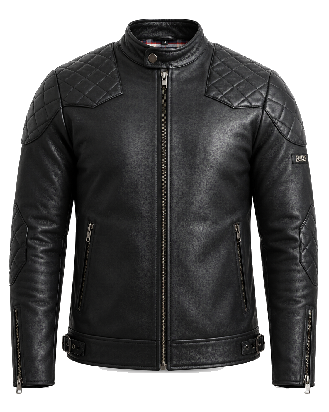 QUIVE London BROMPTON men's black full-grain sheepskin biker jacket, front studio view