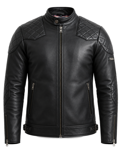 QUIVE London BROMPTON men's black full-grain sheepskin biker jacket, front studio view
