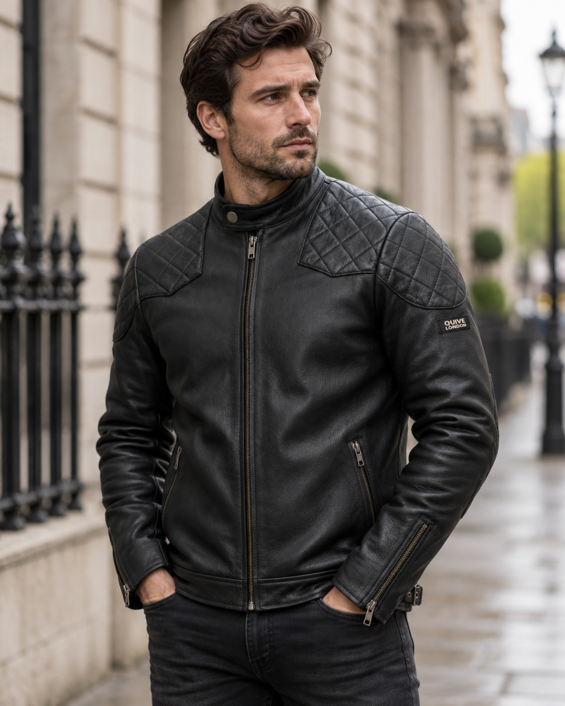 Man wearing the black QUIVE London BROMPTON leather biker jacket in London