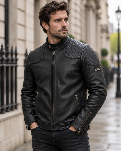 Man wearing the black QUIVE London BROMPTON leather biker jacket in London