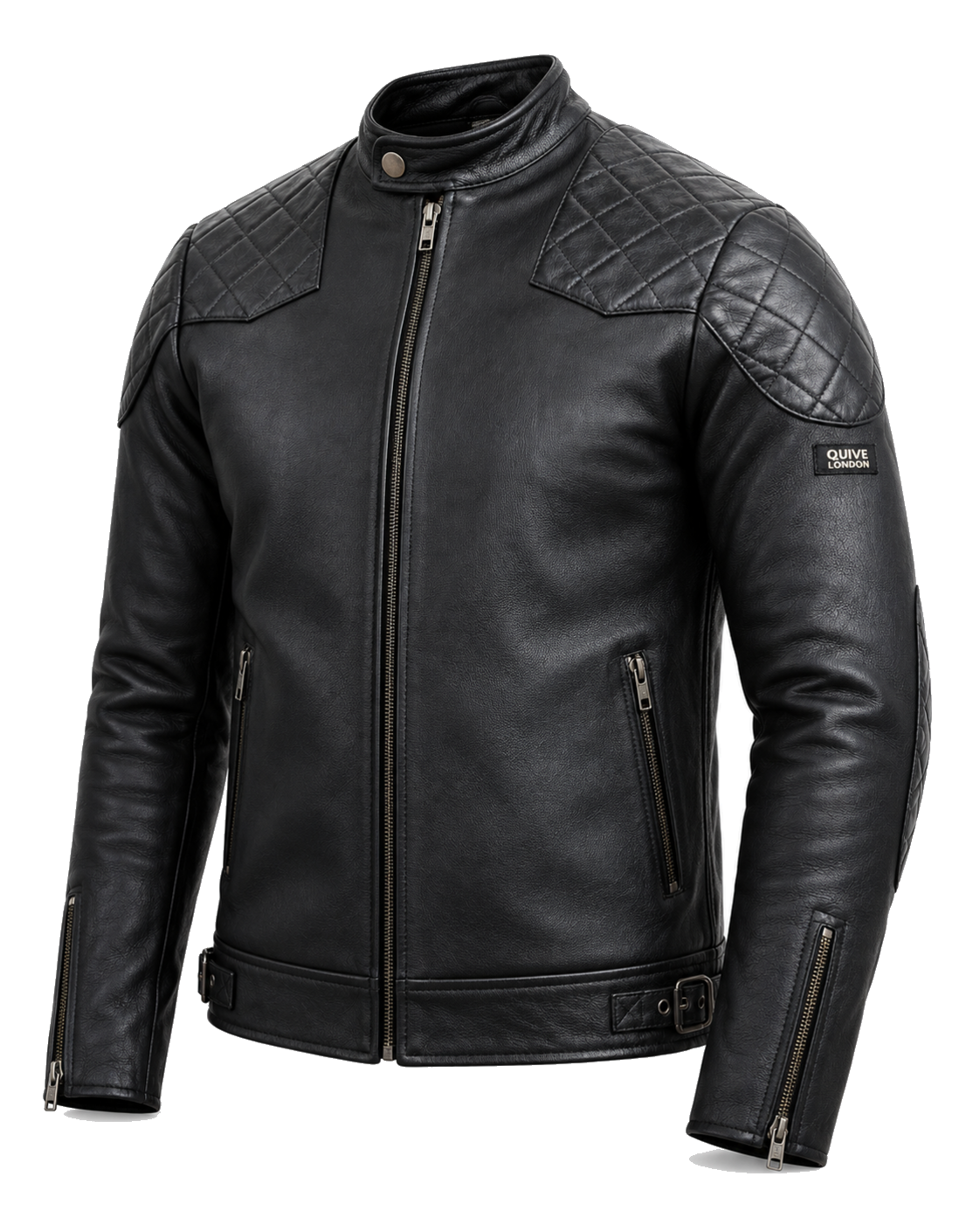 QUIVE London BROMPTON black sheepskin biker jacket, three-quarter studio view