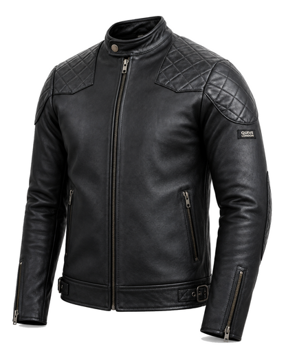 QUIVE London BROMPTON black sheepskin biker jacket, three-quarter studio view