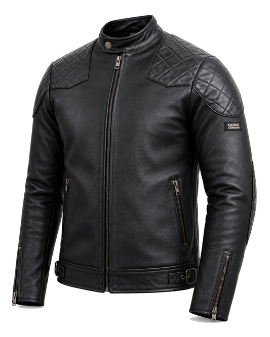 QUIVE London BROMPTON black sheepskin biker jacket, three-quarter studio view