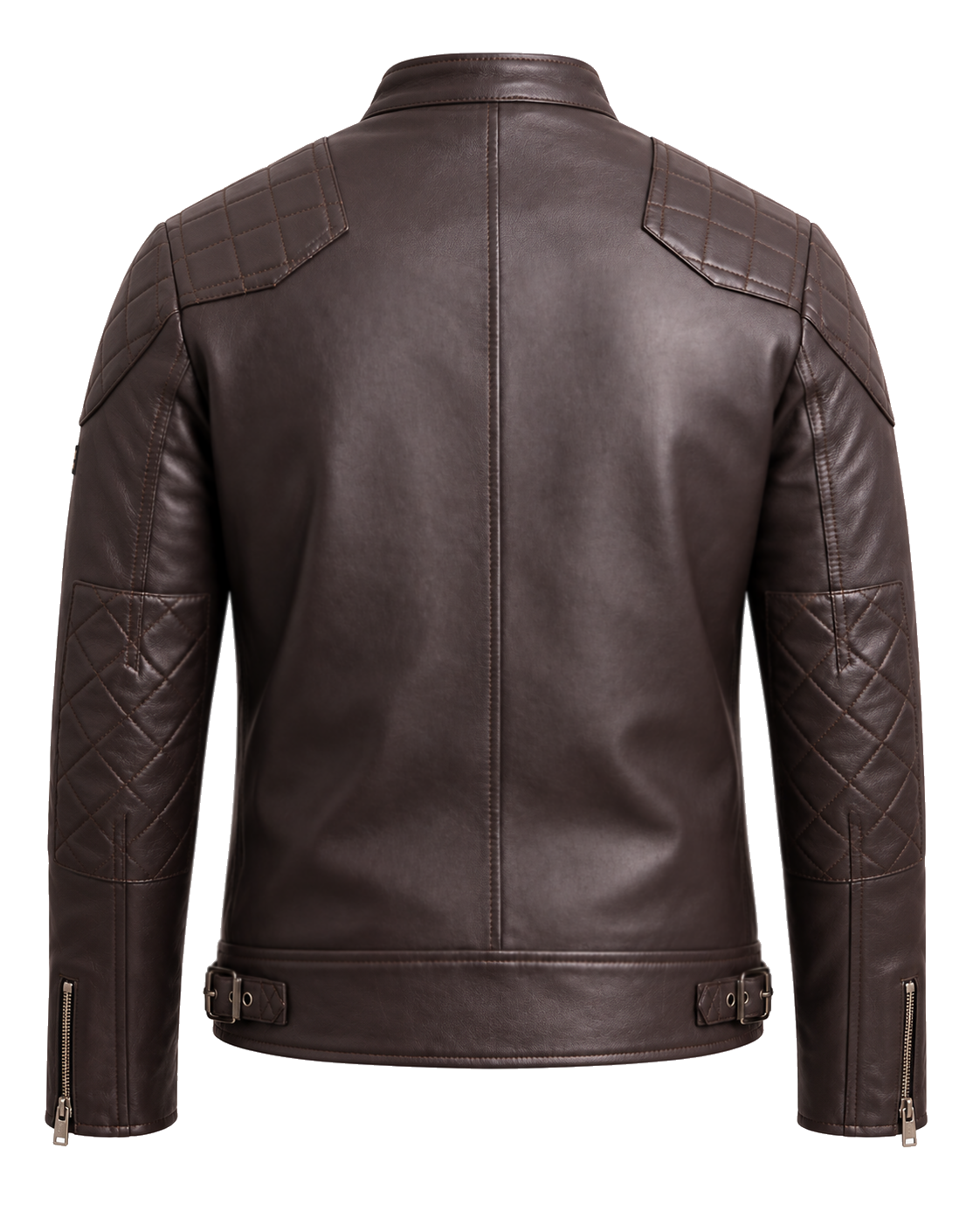 QUIVE London BROMPTON brown leather biker jacket, rear studio view