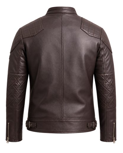 QUIVE London BROMPTON brown leather biker jacket, rear studio view