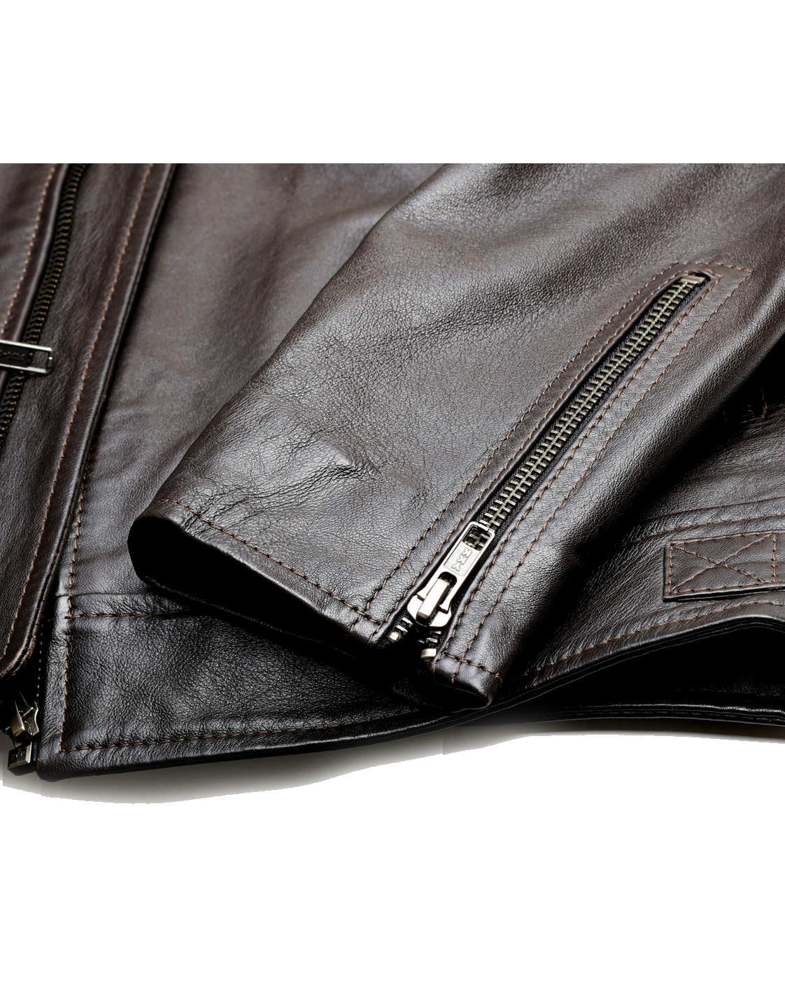 BROMPTON brown leather jacket cuff, stitching and full-grain texture detail