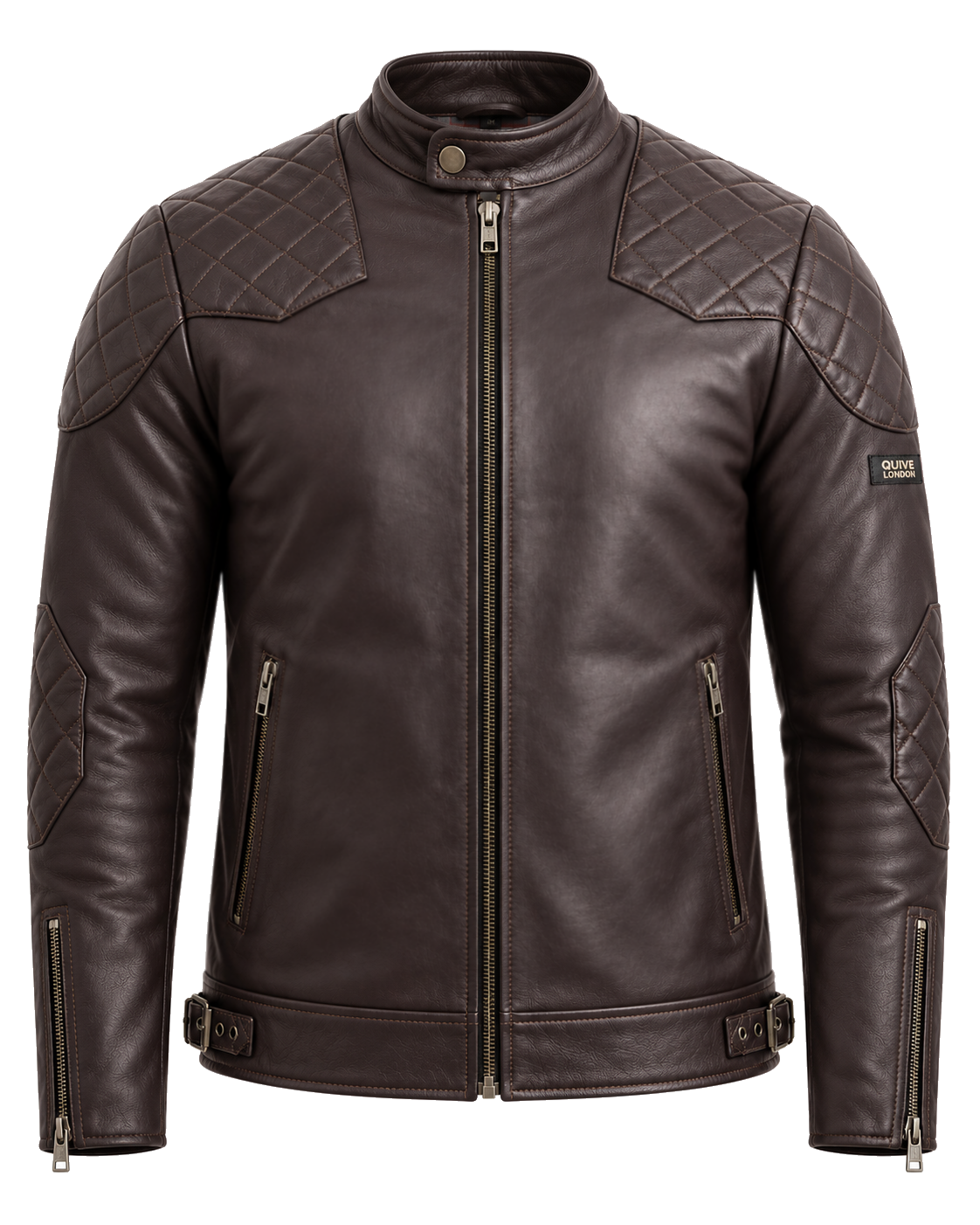 QUIVE London BROMPTON men's brown full-grain sheepskin biker jacket, front studio view