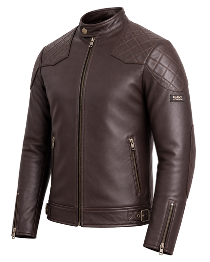 QUIVE London BROMPTON brown sheepskin biker jacket, three-quarter studio view