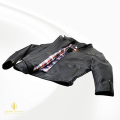 Black leather jacket a white background
