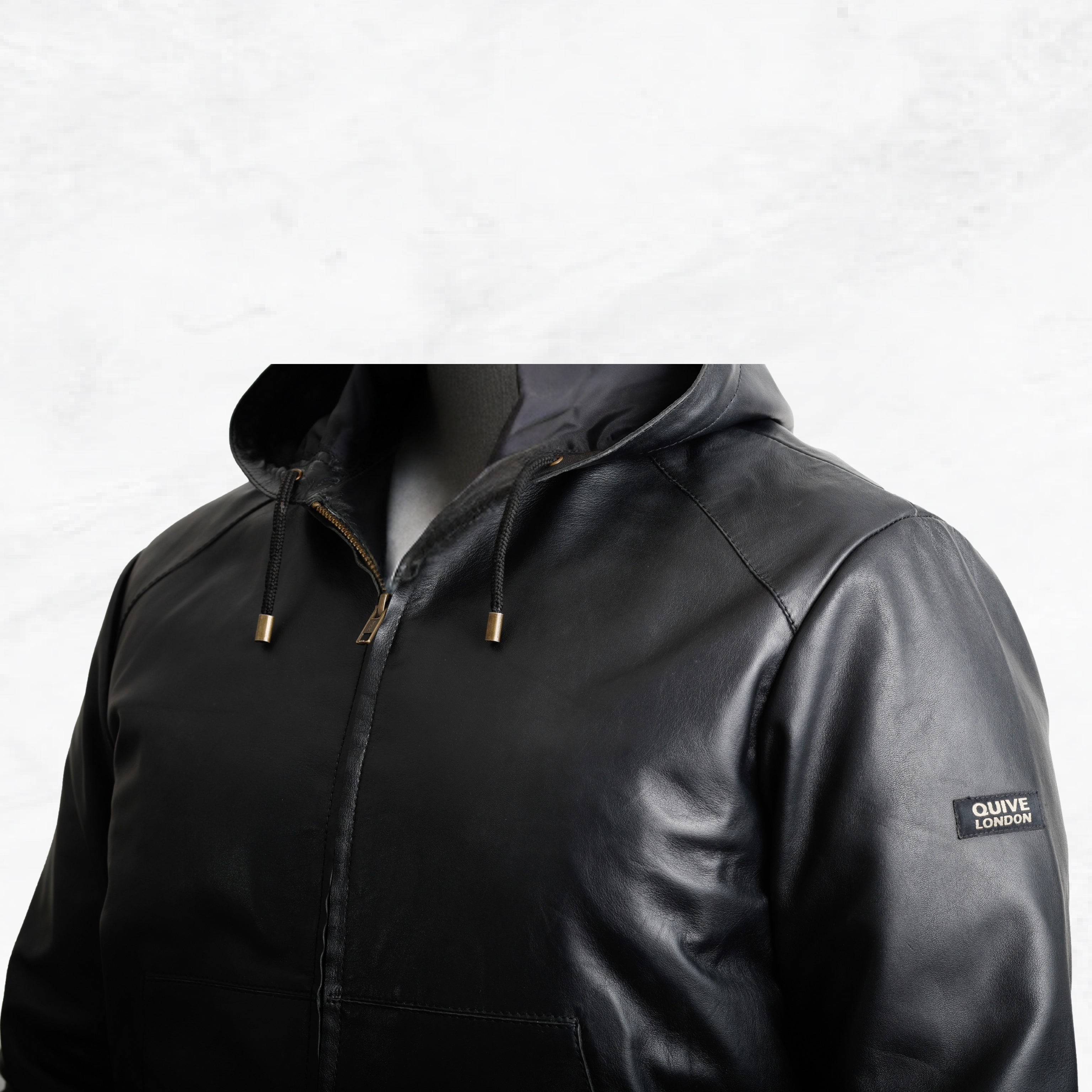 Black leather jacket with a hood made with sheepskin premium quality