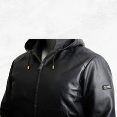 Black leather jacket with a hood made with sheepskin premium quality