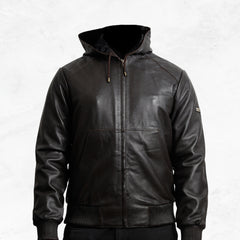 Brown leather jacket with a hood made with sheepskin premium quality