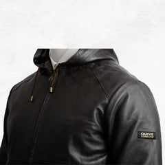 Brown leather jacket with a hood made with sheepskin premium quality