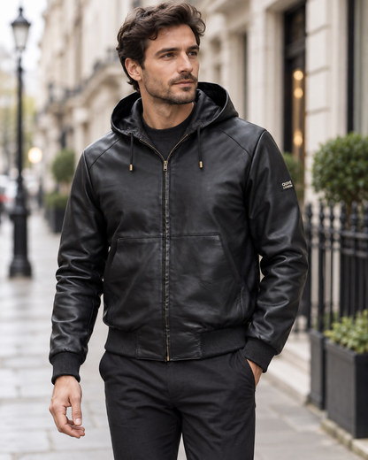 Man wearing the black QUIVE London KNIGHTSBRIDGE hooded leather jacket in London