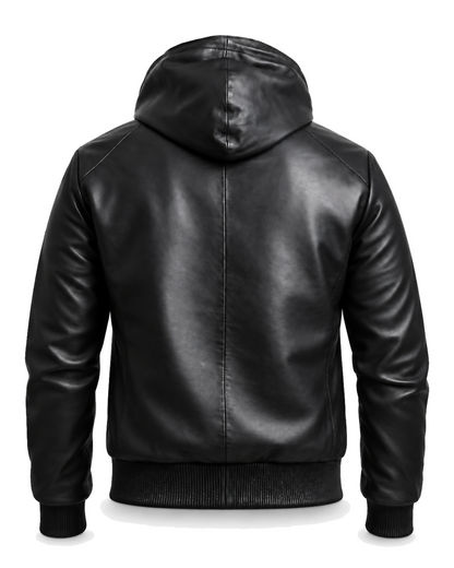 KNIGHTSBRIDGE men's black hooded sheepskin leather jacket, rear studio view