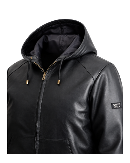 KNIGHTSBRIDGE black leather jacket hood, zip and sleeve badge detail