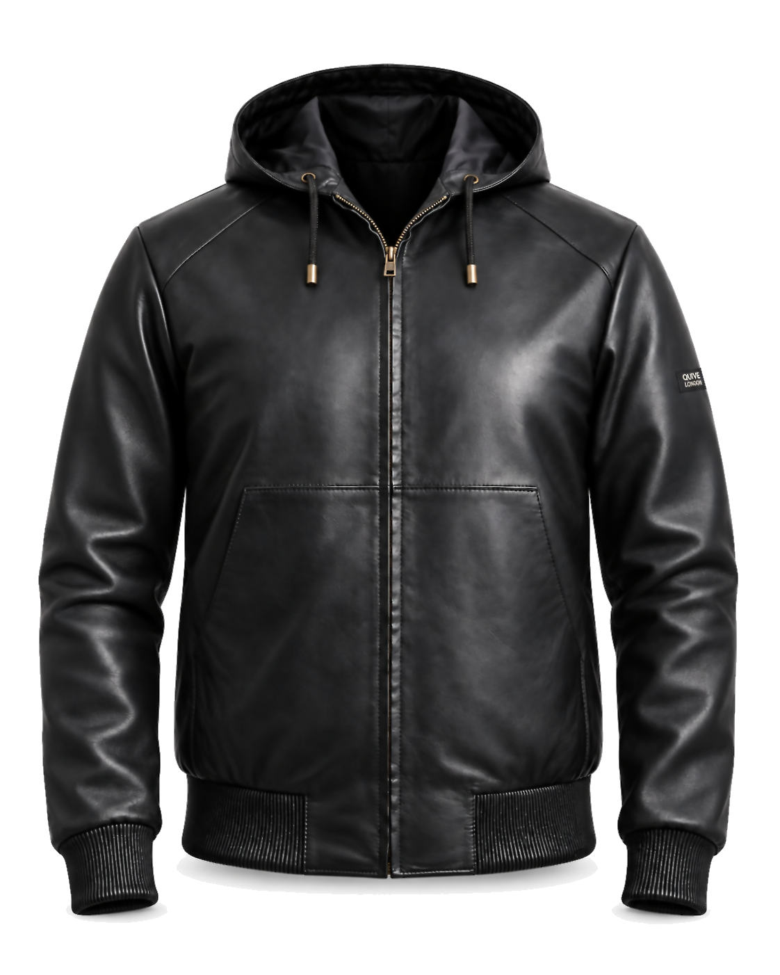 QUIVE London KNIGHTSBRIDGE men's black hooded sheepskin leather jacket, front studio view
