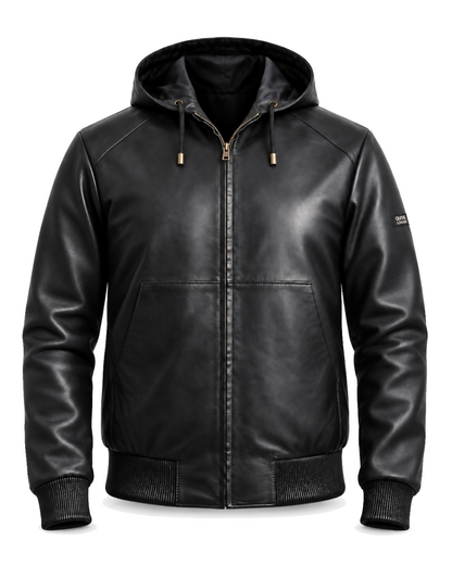 QUIVE London KNIGHTSBRIDGE men's black hooded sheepskin leather jacket, front studio view