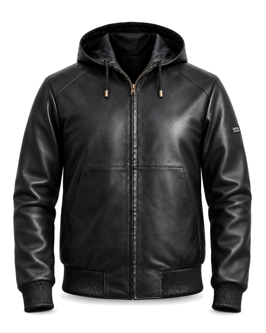 QUIVE London KNIGHTSBRIDGE men's black hooded sheepskin leather jacket, front studio view