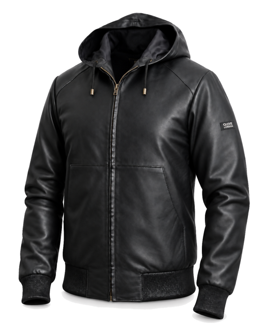 KNIGHTSBRIDGE black hooded leather jacket, three-quarter studio view