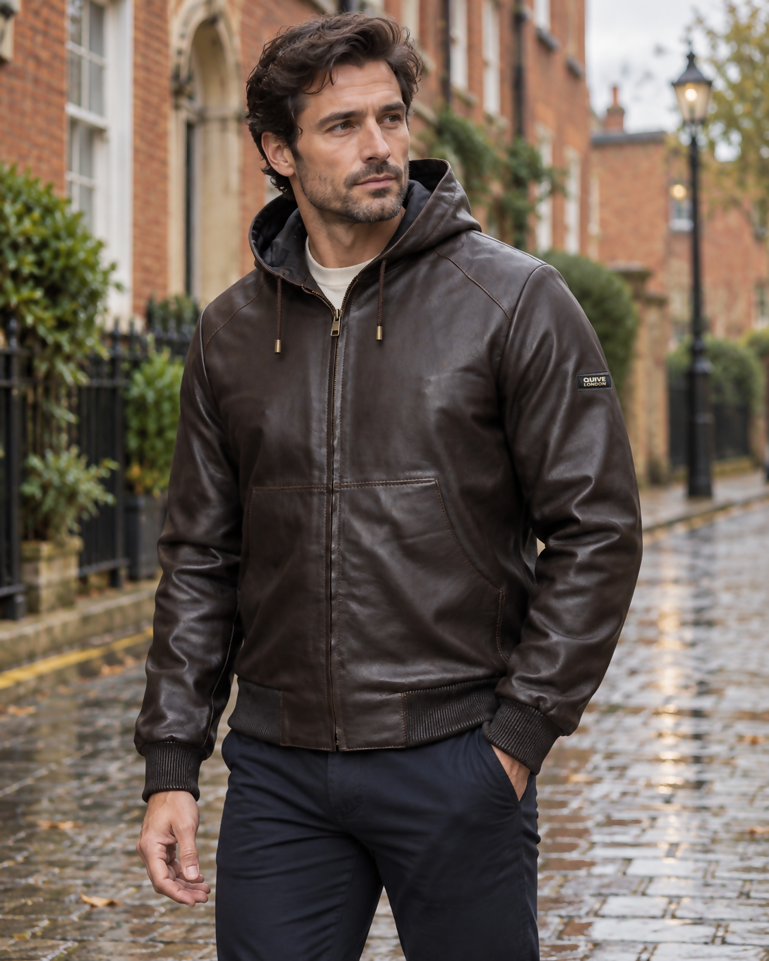 Man wearing the brown QUIVE London KNIGHTSBRIDGE hooded leather jacket on a British street