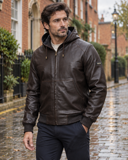 Man wearing the brown QUIVE London KNIGHTSBRIDGE hooded leather jacket on a British street