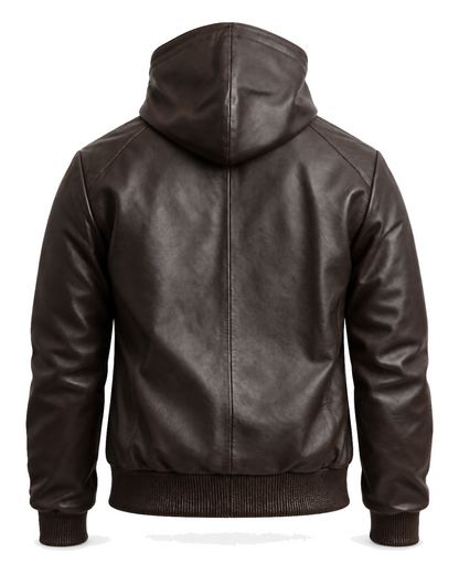 KNIGHTSBRIDGE men's brown hooded sheepskin leather jacket, rear studio view