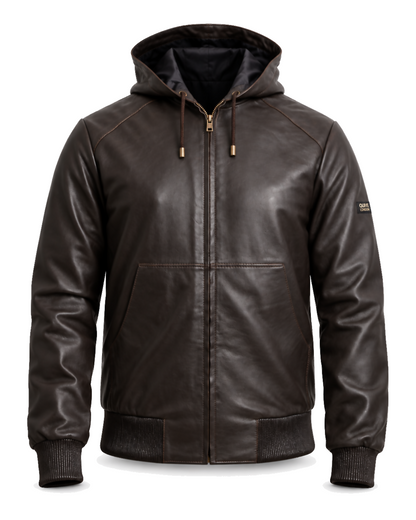 QUIVE London KNIGHTSBRIDGE men's brown hooded sheepskin leather jacket, front studio view