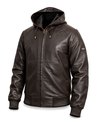 KNIGHTSBRIDGE brown hooded leather jacket, three-quarter studio view