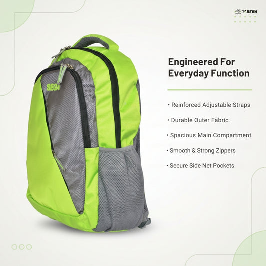 SEGA grey and green lightweight backpack, front and side view