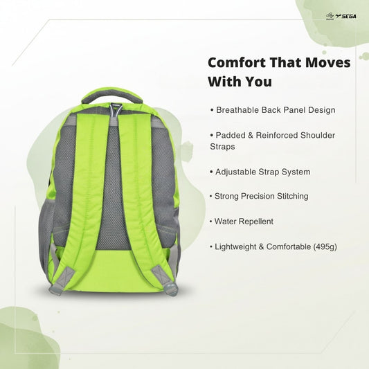SEGA grey and green lightweight backpack, rear view with padded shoulder straps