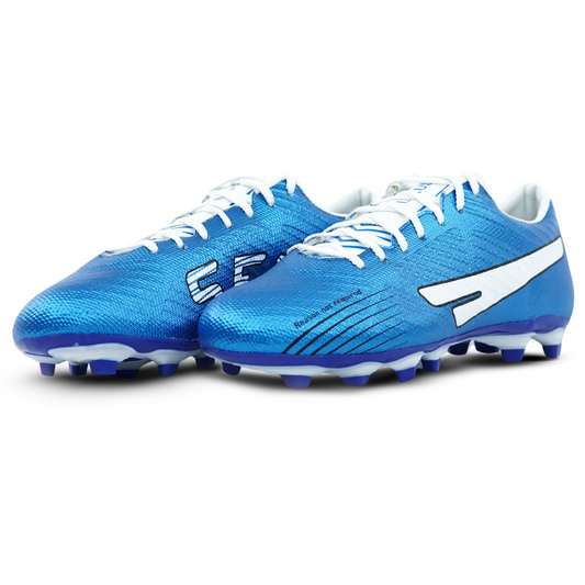 Blue soccer cleats football boots with white laces on a white background