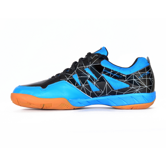 A pair of SEGA LOTUS badminton tennis and squash court shoes with a black and blue design and orange accents.