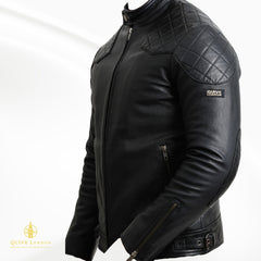 Black leather jacket a white background