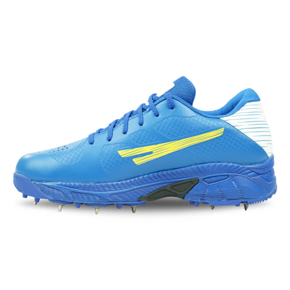 A pair of blue Sega P-25 cricket shoes with yellow accents and metal spikes on the sole.