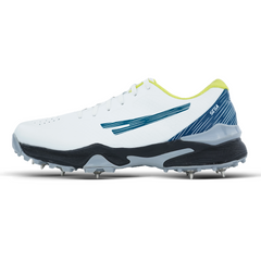 White cricket shoes with blue and black accents on a white background