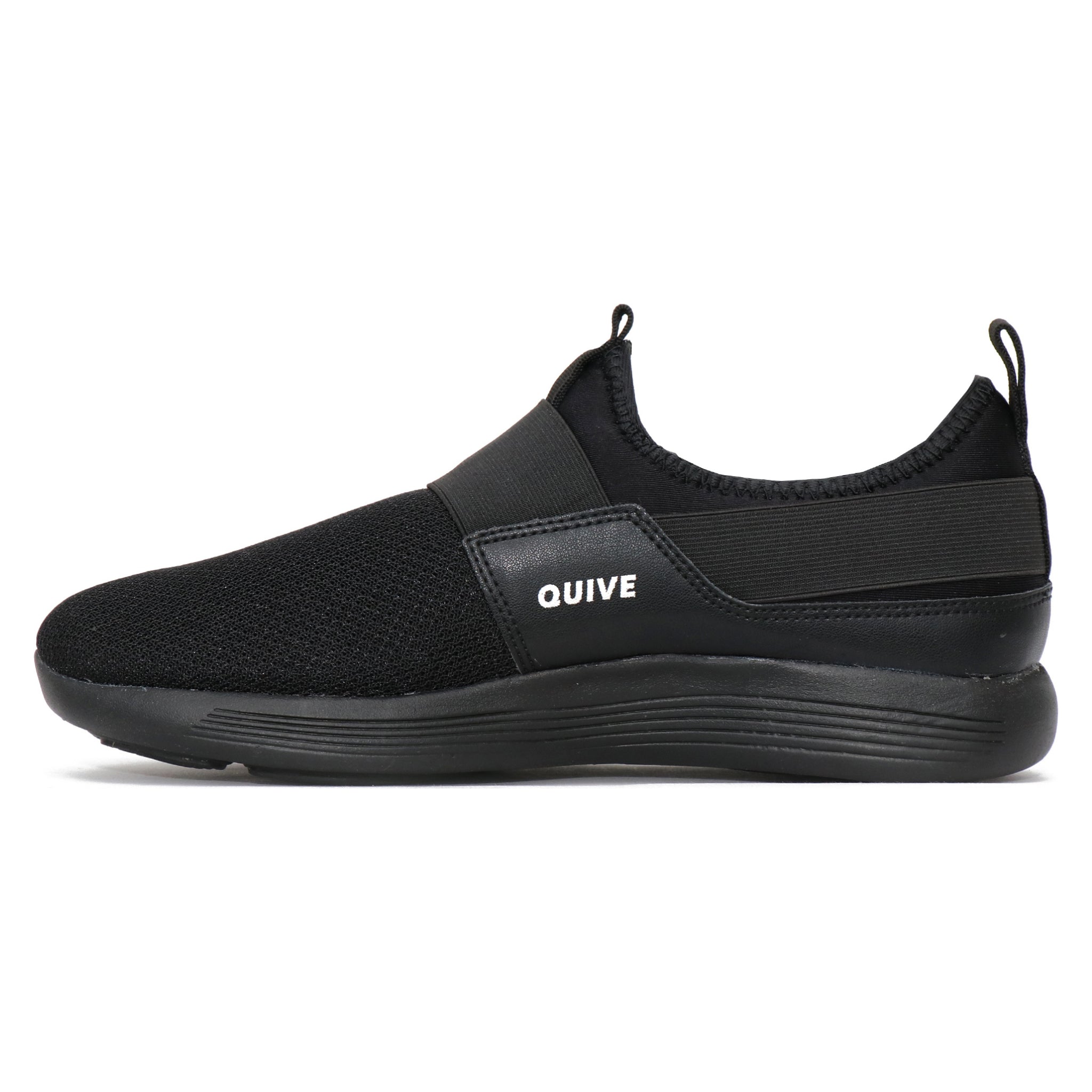 A pair of black Quive running and walking slip-on shoes with a non-marking outsole, designed for men and women.