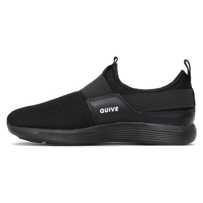 A pair of black Quive running and walking slip-on shoes with a non-marking outsole, designed for men and women.