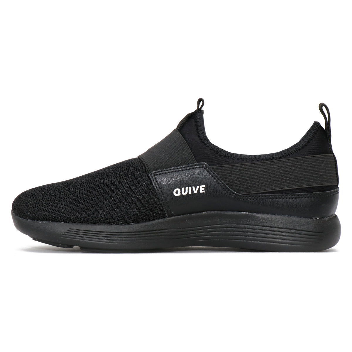 A pair of black Quive running and walking slip-on shoes with a non-marking outsole, designed for men and women.