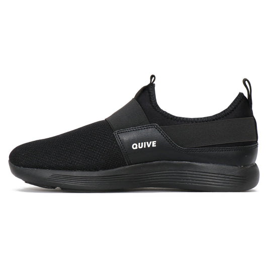 A pair of black Quive running and walking slip-on shoes with a non-marking outsole, designed for men and women.
