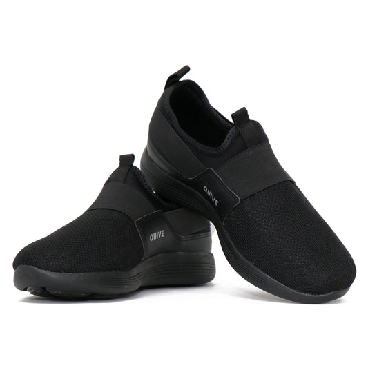 A pair of black Quive running and walking slip-on shoes with a non-marking outsole, designed for men and women.