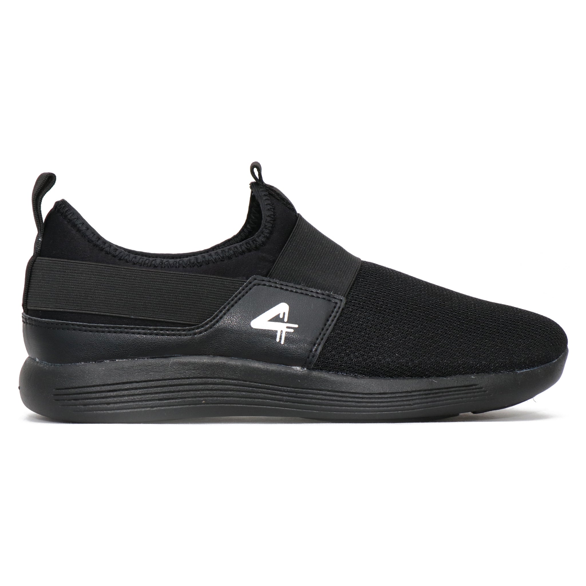 A pair of black Quive running and walking slip-on shoes with a non-marking outsole, designed for men and women.