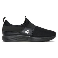 A pair of black Quive running and walking slip-on shoes with a non-marking outsole, designed for men and women.