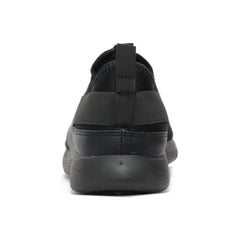 A pair of black Quive running and walking slip-on shoes with a non-marking outsole, designed for men and women.