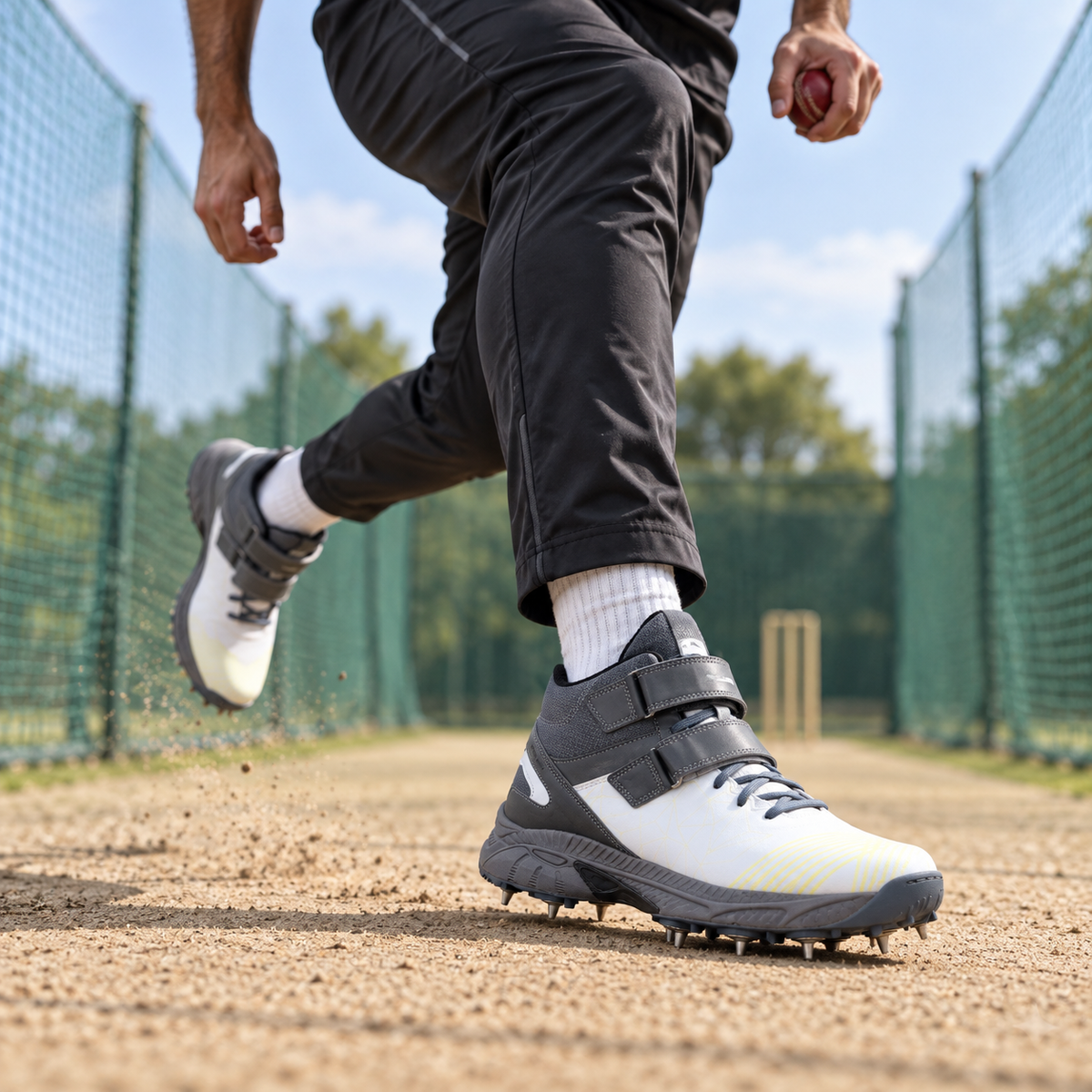 Grey and white QUIVE Bold metal-spike cricket shoes worn during a bowling run-up