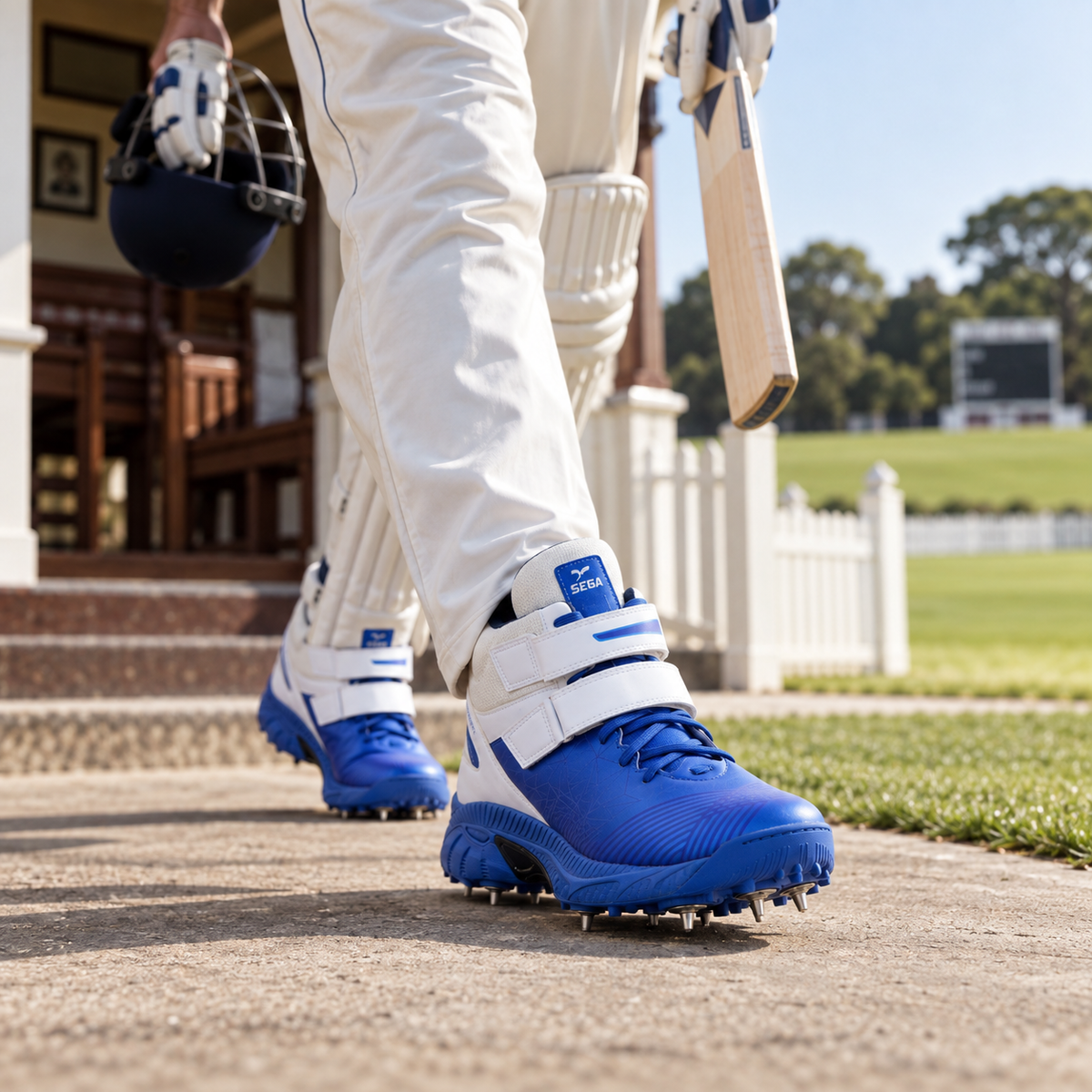 Blue and white QUIVE Bold metal-spike cricket shoes worn leaving a cricket pavilion