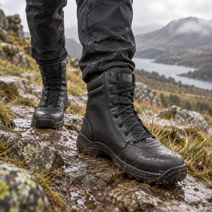 QUIVE Combat 3.0 black leather boots worn on a damp rocky trail